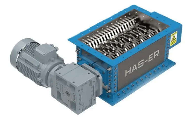 Mavi gövdeli HS Shredder parçalayıcı, bıçaklar görünür