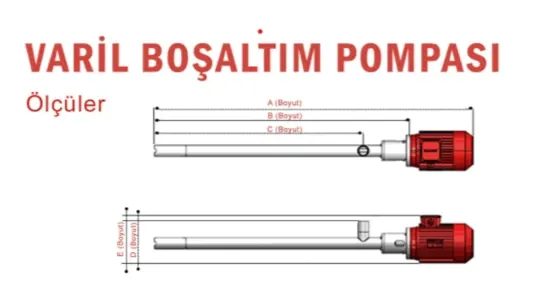 Varil boşaltım pompası ölçü çizimi, A–E boyutları