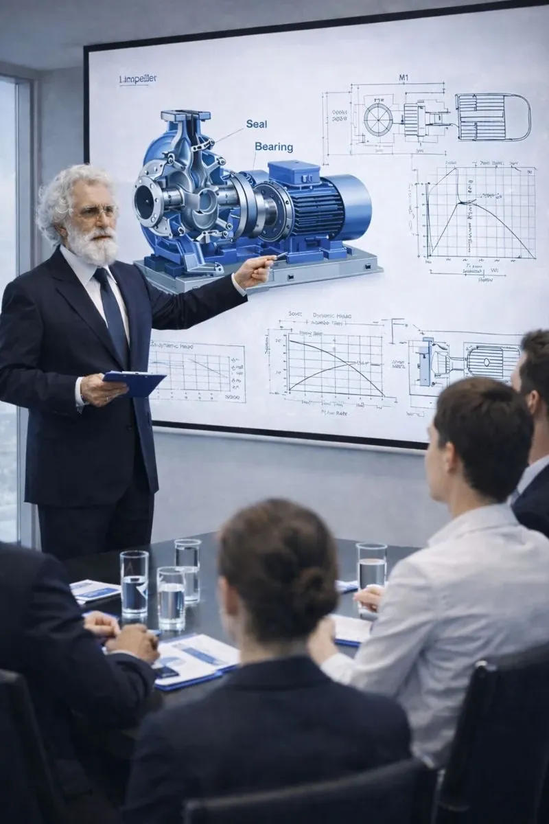 Mühendis, toplantıda santrifüj pompanın teknik çizimlerini anlatıyor