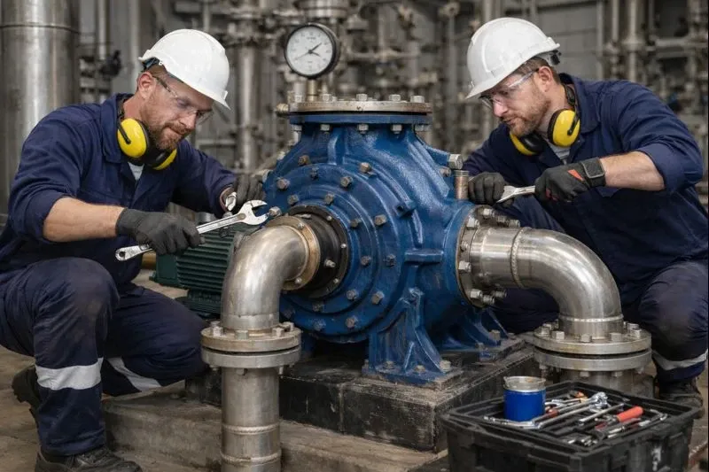 Teknik servis ekibi sahada santrifüj pompanın bakımını yapıyor